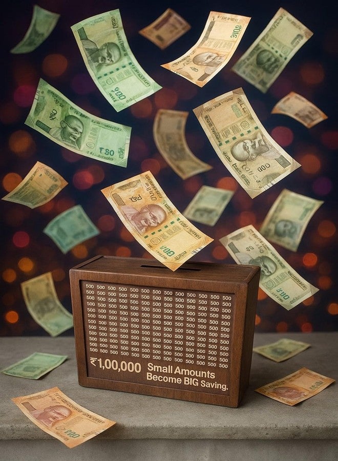 LINGAZ Wooden Piggy Bank for Kids & Adults, Coin Box with Carved Design, Savings Box, Mini Bank, Donation Box, Smart Money Box,Money Saving Box for Adults, Large Capacity 100000 Coins Storage - Image 2